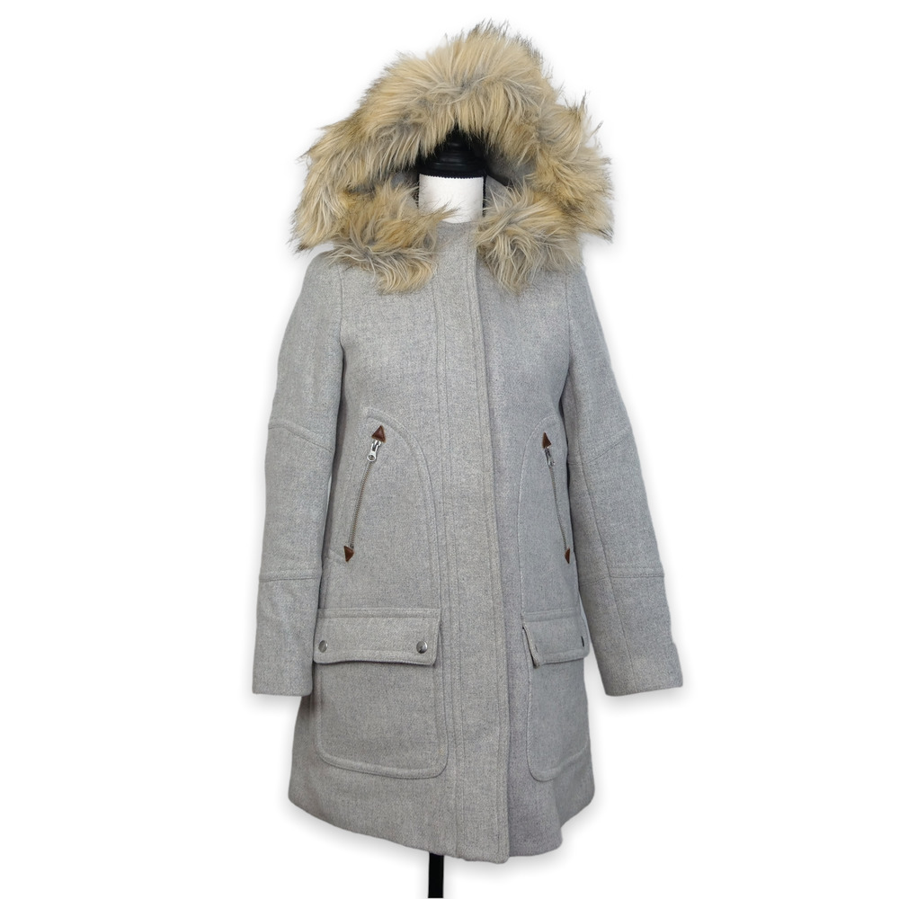J. Crew Italian Stadium Cloth Wool Coat Size 0 Chateau Parka Removable Fur Hood - Picture 4 of 13